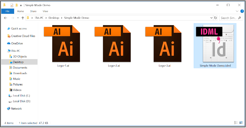 Simple Mode Demo files: Logo-1.ai, Logo-2.ai, Logo-3.ai, and the IDML template